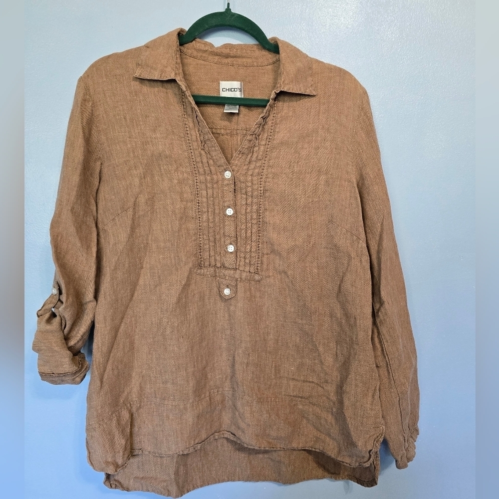 Chico's Linen Roll-tab Brown Tunic Popover Size 1 US M